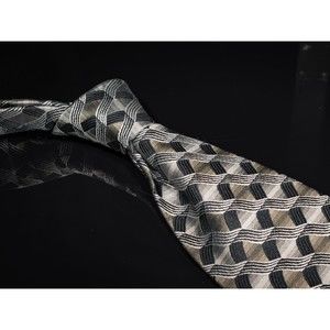 Jhane Barnes 100% Silk Tie Black Silver Geometric Men's Designer Necktie XL
